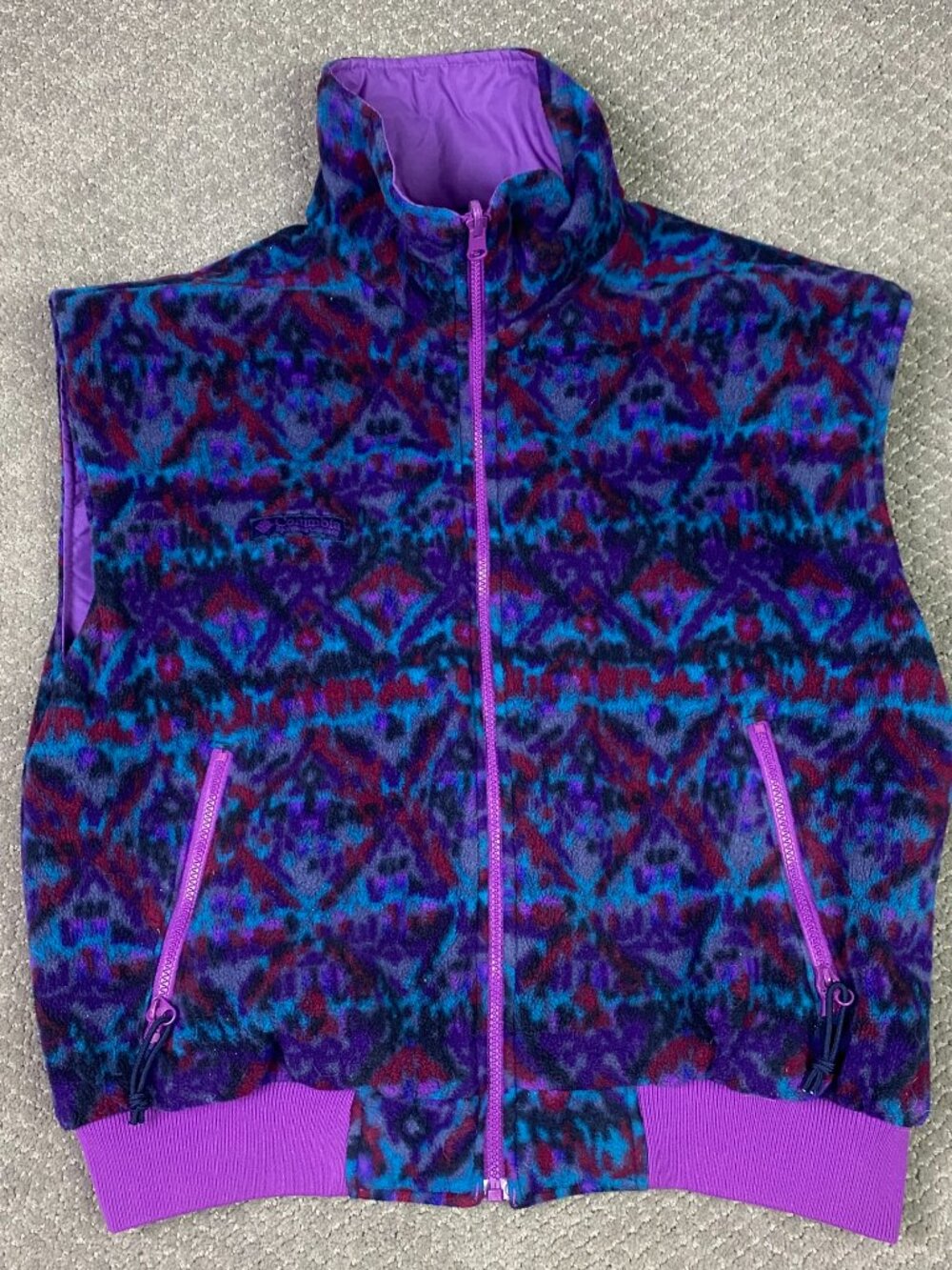 Vintage Columbia Vest Womens XL Purple Reversible Fleece Aztec Southwestern 90s
